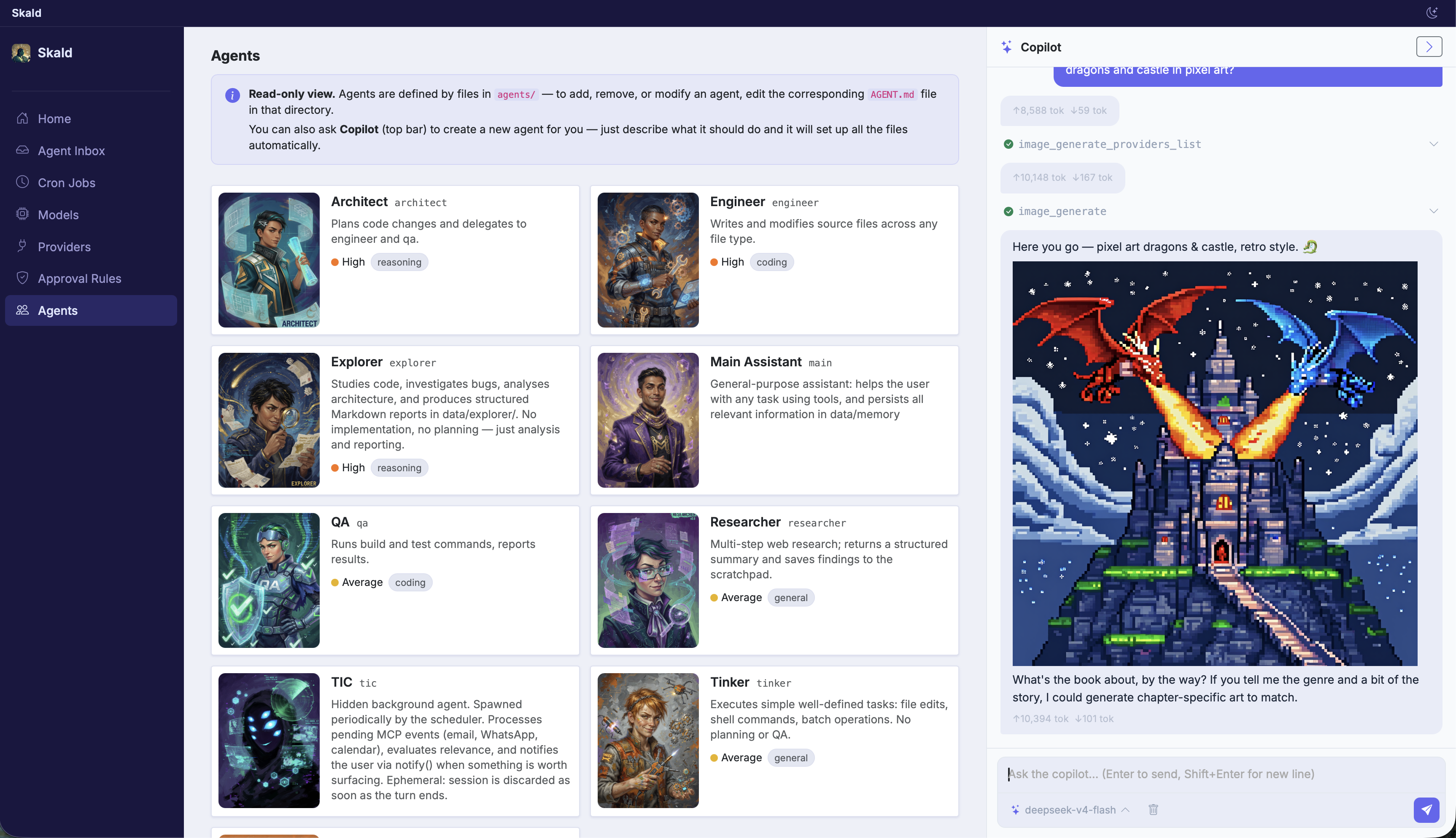 Agents page — specialist sub-agents, with the Copilot generating pixel-art on the right